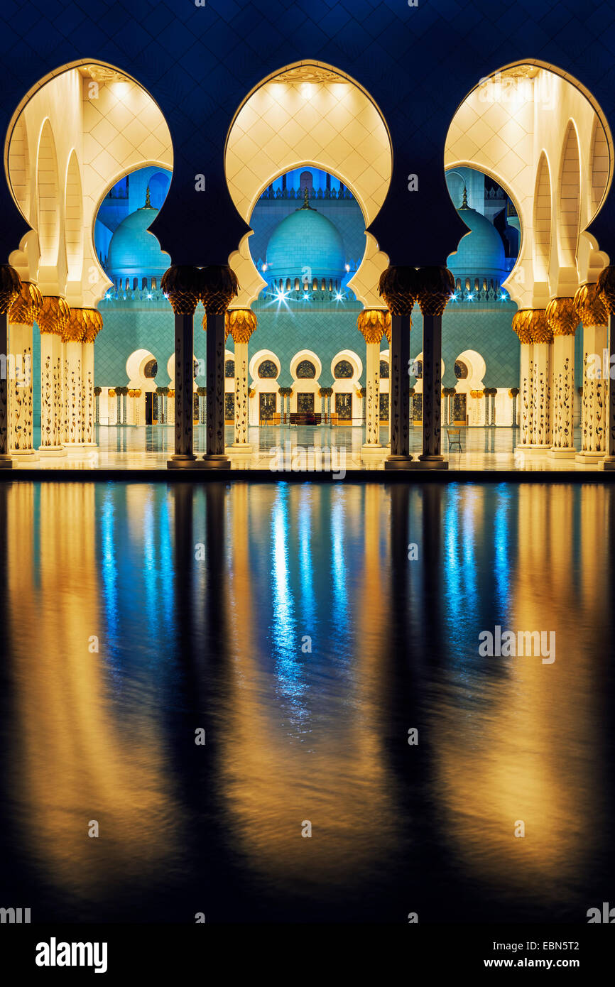 Famosa moschea, Abu Dhabi, di notte Foto Stock