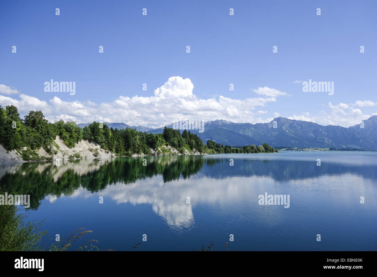 Vista sul Forggensee all'Allgaeu orientale, Germania, il Land della Baviera e della Svevia Foto Stock