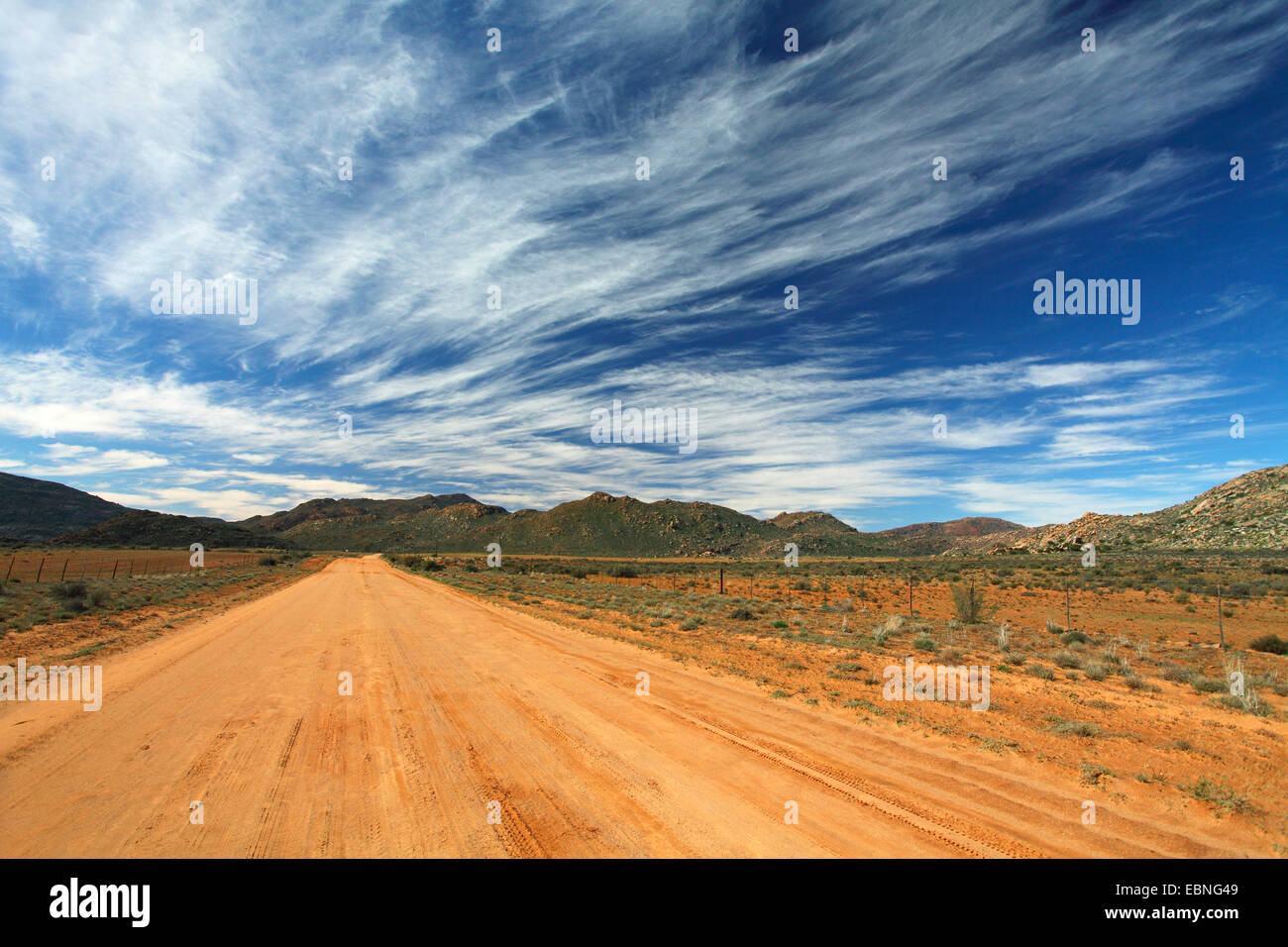 Strada sterrata nella regione montagnosa a est di Kamieskroon, Sud Africa, Capo Settentrionale Foto Stock