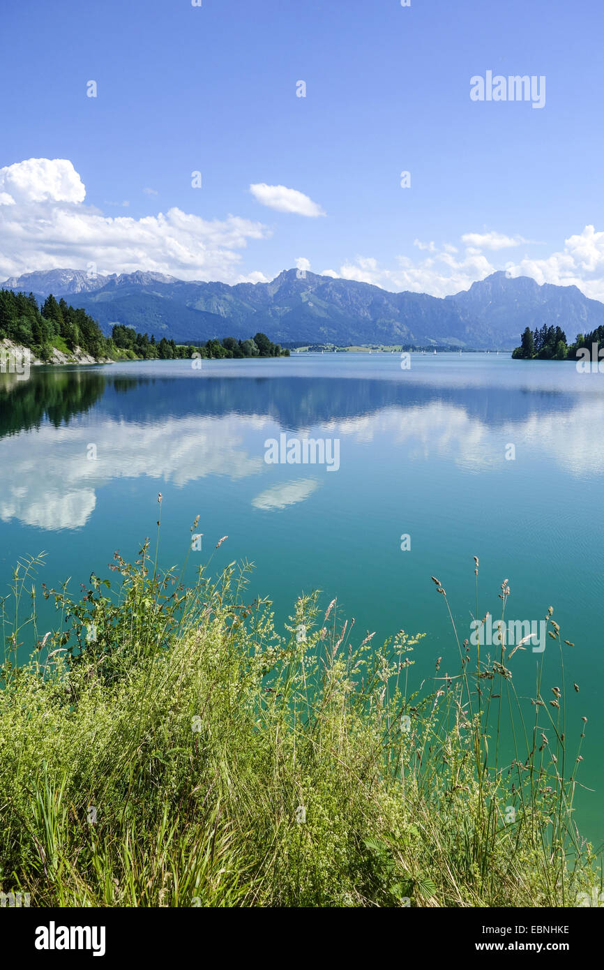 Vista sul Forggensee all'Allgaeu orientale, Germania, il Land della Baviera e della Svevia Foto Stock