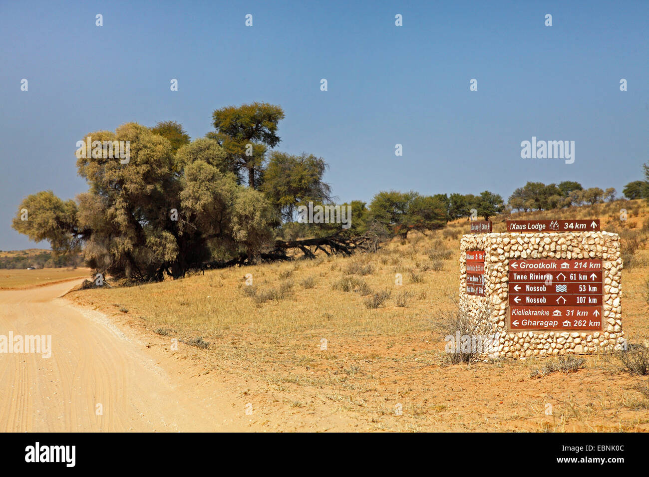 Strada sterrata in Auob Valley vicino a Kamqua, segno con la distanza per i diversi campi, Sud Africa, Kgalagadi transfrontaliera Parco Nazionale Foto Stock