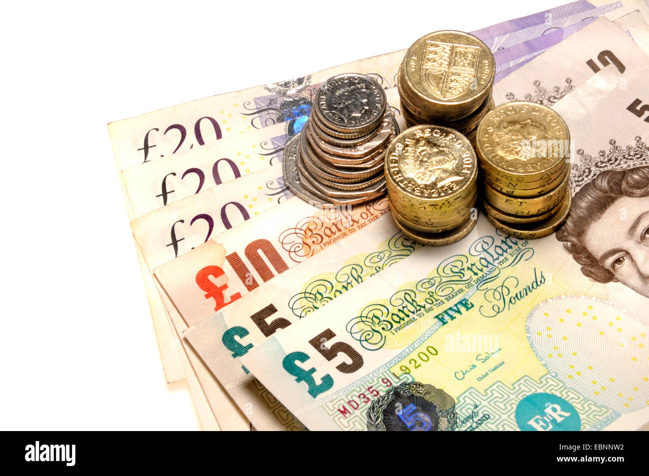 Valuta britannica - pound delle monete e delle banconote Foto Stock
