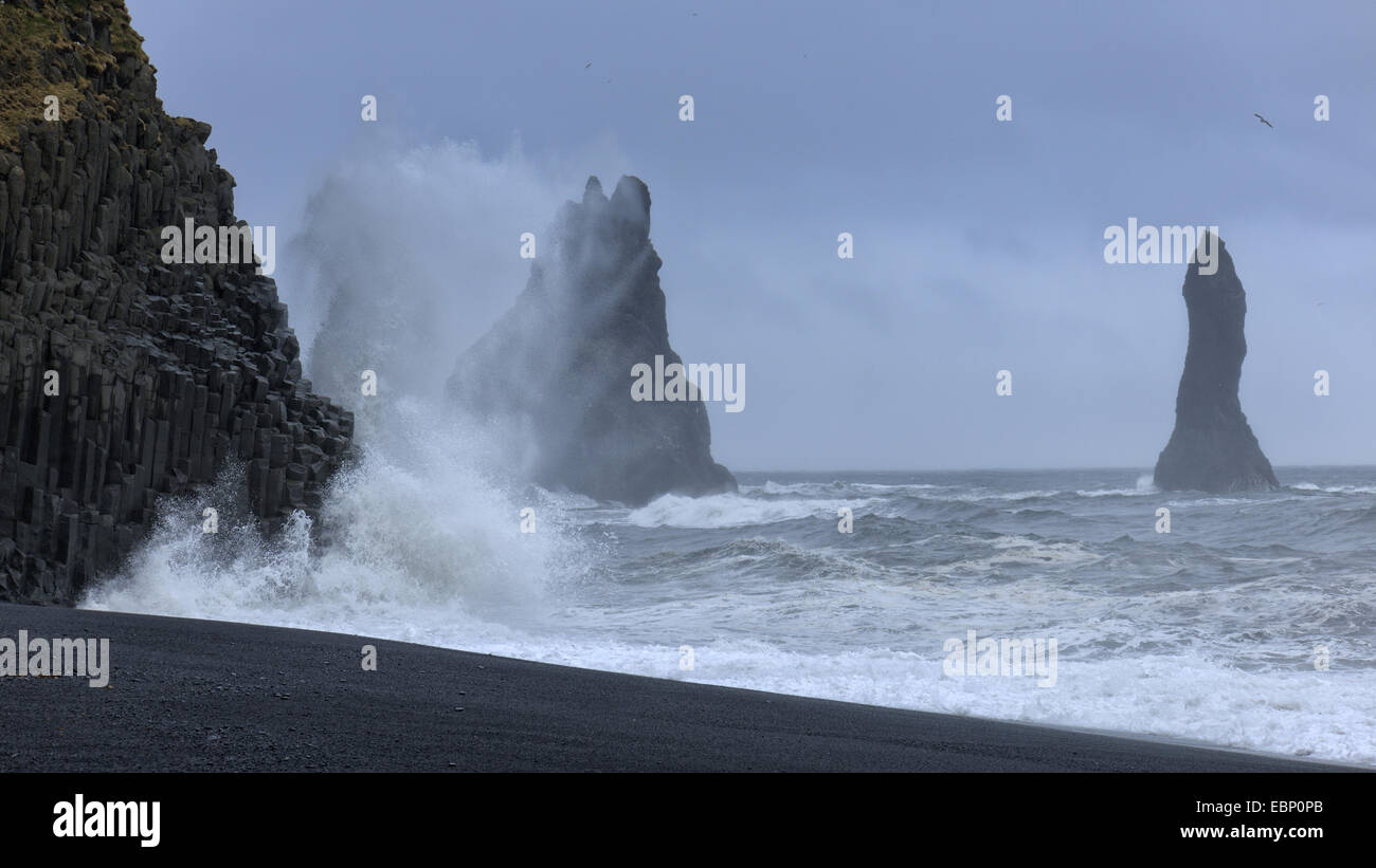 Mare mosso presso la spiaggia nera di Vik, rock Reynisdrangar ago in background, Islanda Foto Stock