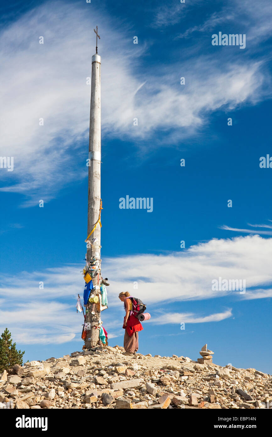 Modo di San Giacomo Pellegrino ai piedi della Cruz de ferro Spagna Castiglia e Leon, Leon, Cruz de Ferro Foto Stock