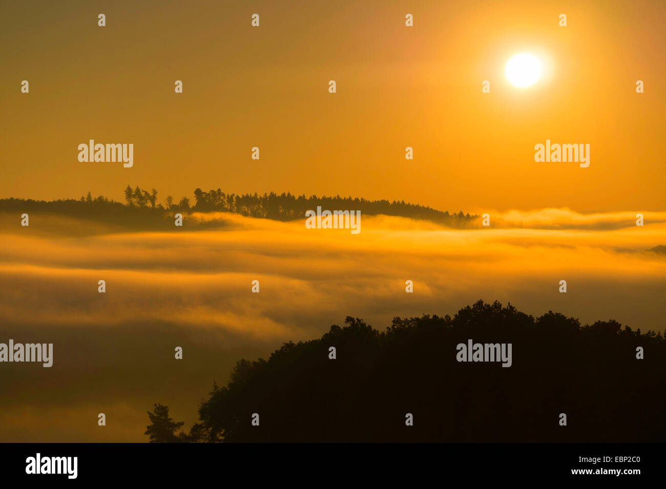 Tramonto su un paesaggio di nebbia in autunno, in Germania, in Sassonia, Vogtland, Plauen Foto Stock