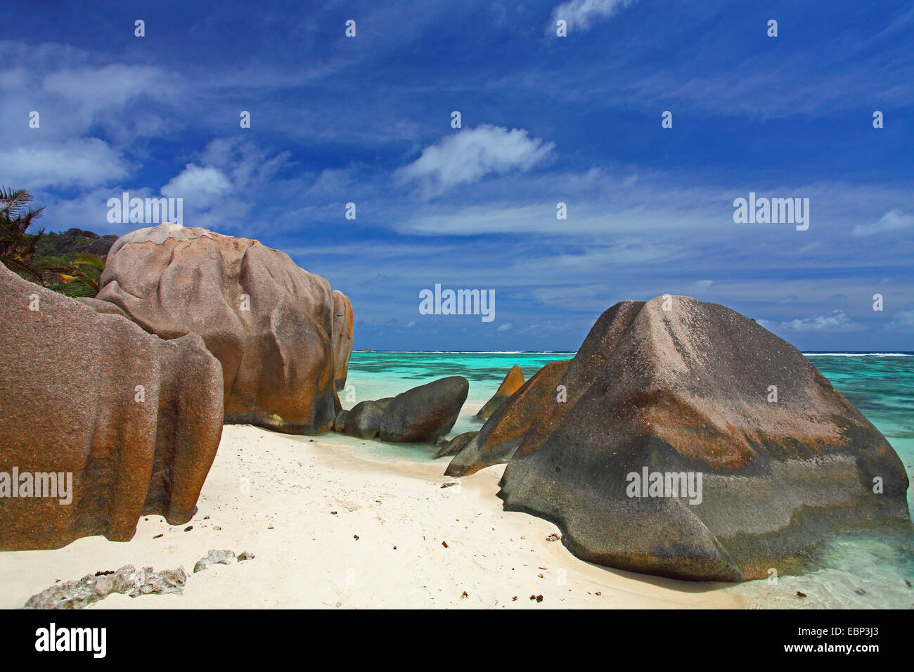 Rocce di granito sulla spiaggia di Anse Source d'Argent, Seychelles, La Digue Foto Stock