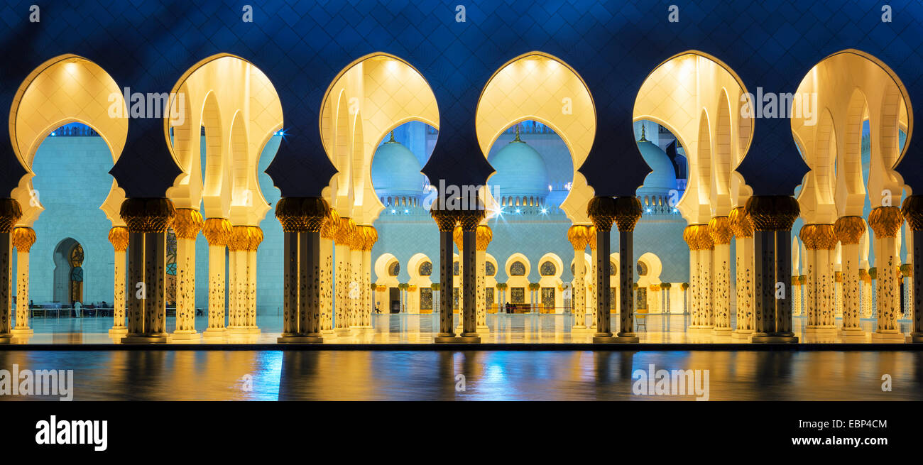 Famosa moschea, Abu Dhabi, di notte, vista panoramica. Foto Stock
