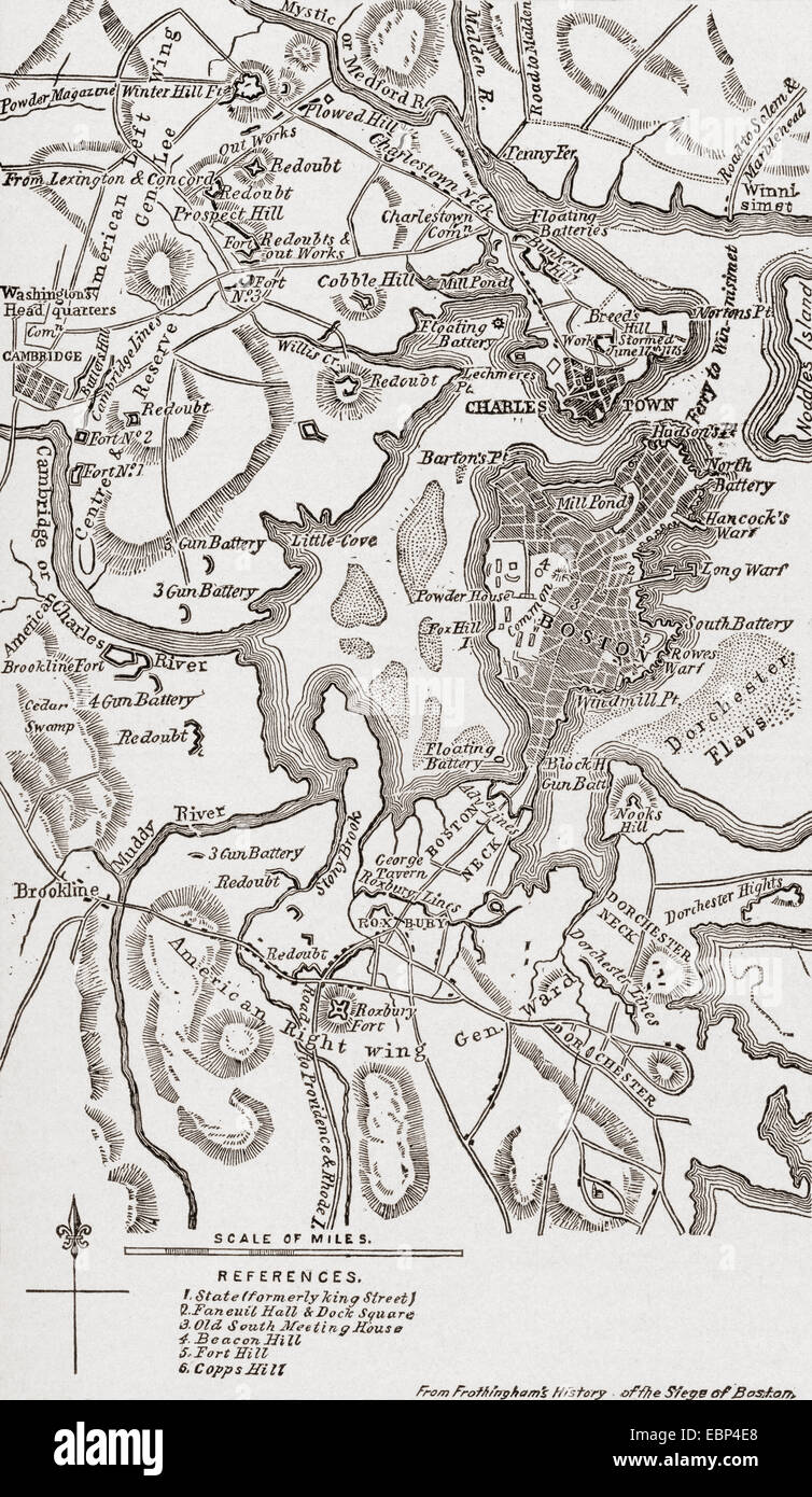 Mappa di Boston e i suoi dintorni in 1775-1776. Foto Stock
