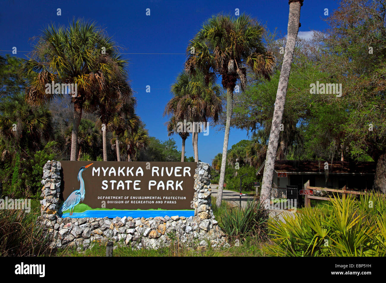 Firmare all'entrata del Myakka River State Park, Stati Uniti d'America, Florida Foto Stock