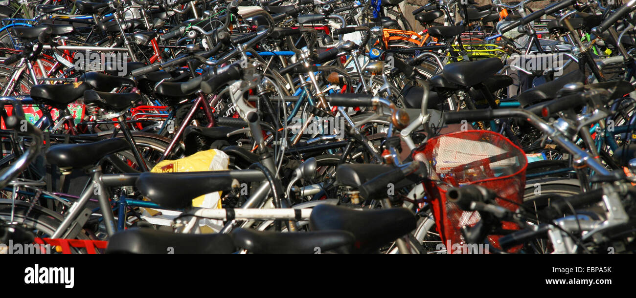 Centinaia di biciclette parcheggiate sul marciapiede in Amsterdam. Foto Stock