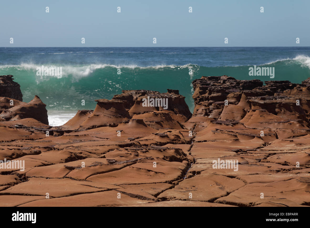 Surf rompe sulle rocce a nord Avoca Beach, Australia Foto Stock