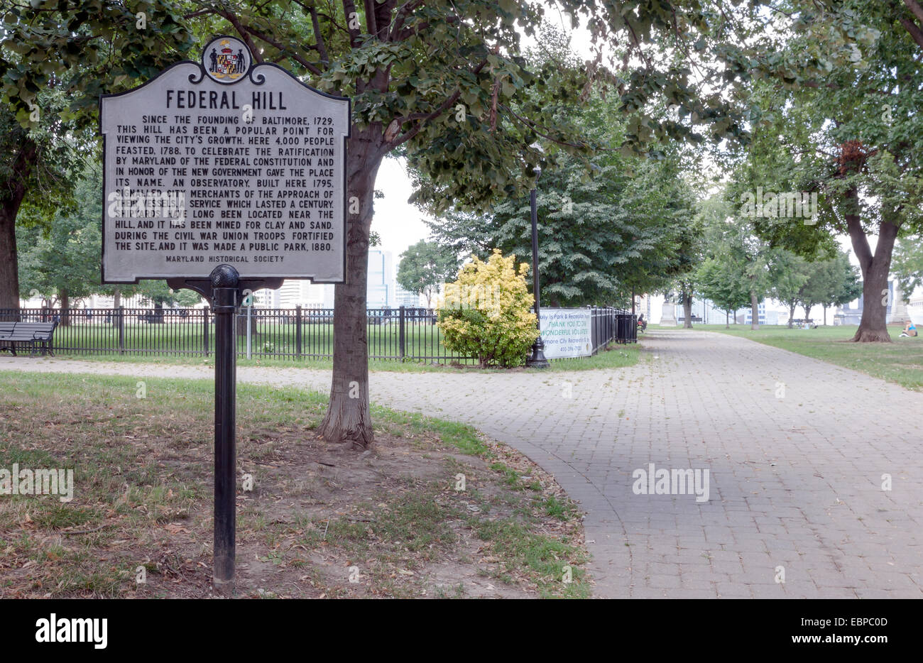 Federal Hill sign in Federal Hill Park, Baltimore, Maryland. Foto Stock