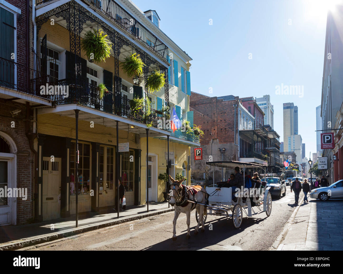 Cavallo e Carrozza su Chartres Street nel Quartiere Francese con centro in distanza, New Orleans, Louisiana, Stati Uniti d'America Foto Stock