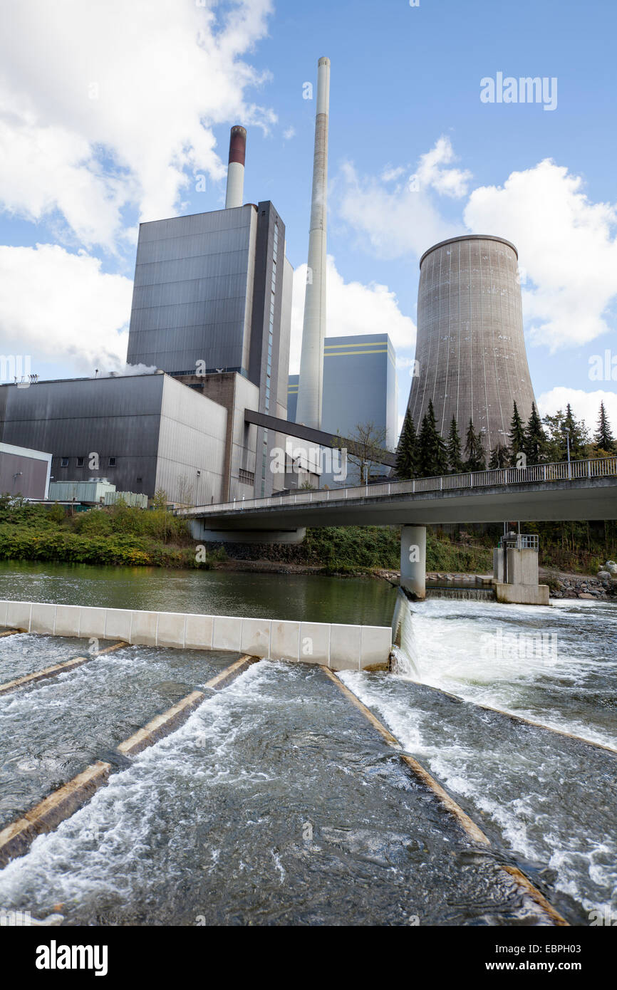 Il carbone e il gas per la stazione di potenza, Power Station, Elverlingsen, pesce scaletta, fiume Lenne; regione Sauerland, Werdohl, Renania del Nord- Foto Stock