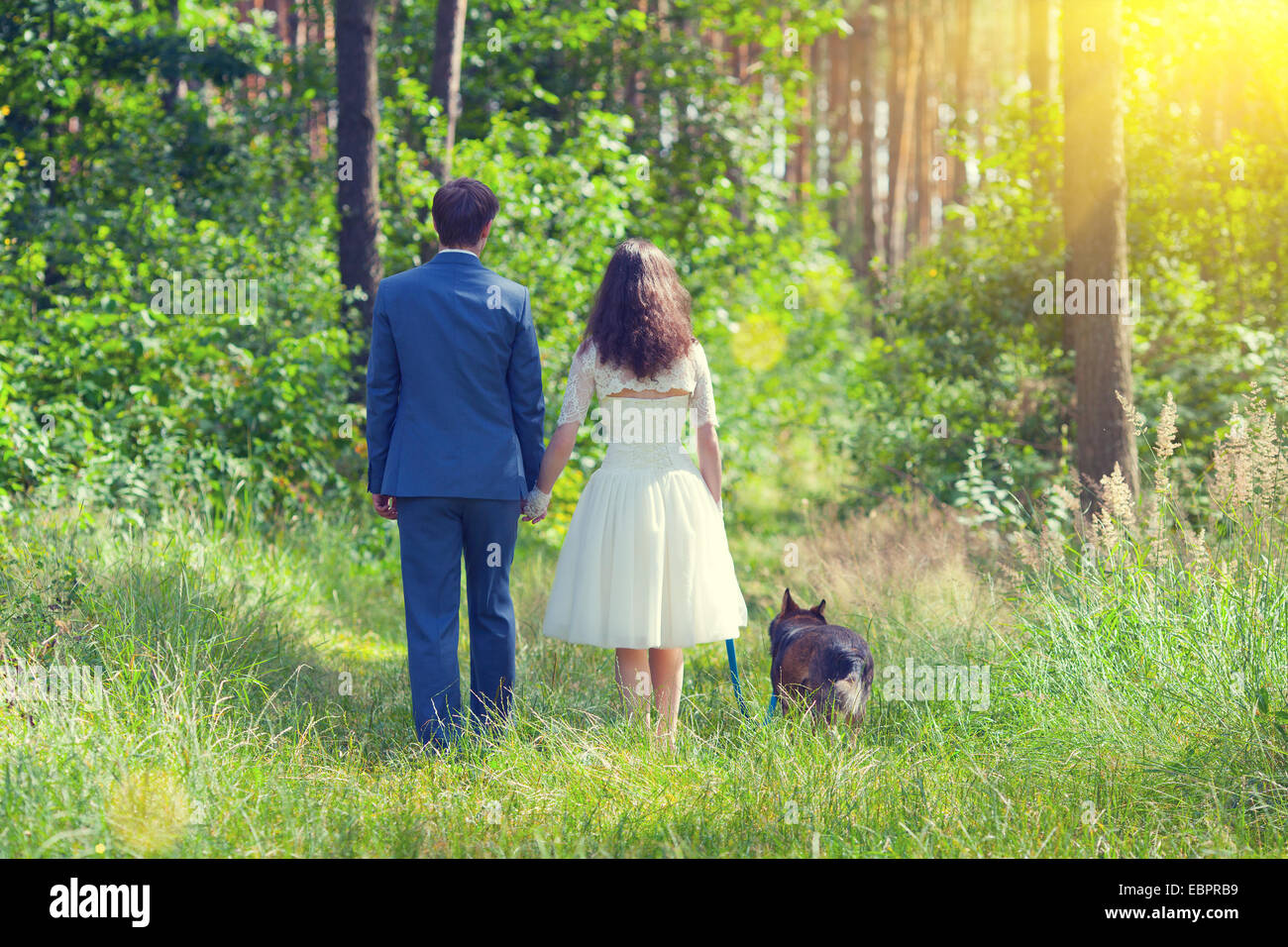 I giovani sposi novelli holding hands passeggiate con il cane nella foresta torna alla fotocamera Foto Stock