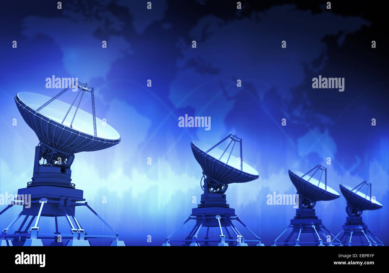 Parabole satellitari, mappa del mondo e onde. Foto Stock