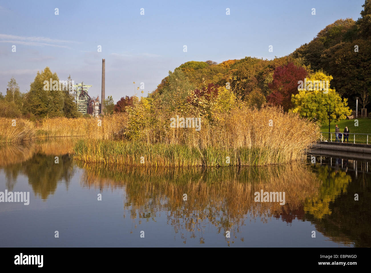 Stagno in un parco, Henrichshuette Ironworks in background, in Germania, in Renania settentrionale-Vestfalia, la zona della Ruhr, Hattingen Foto Stock