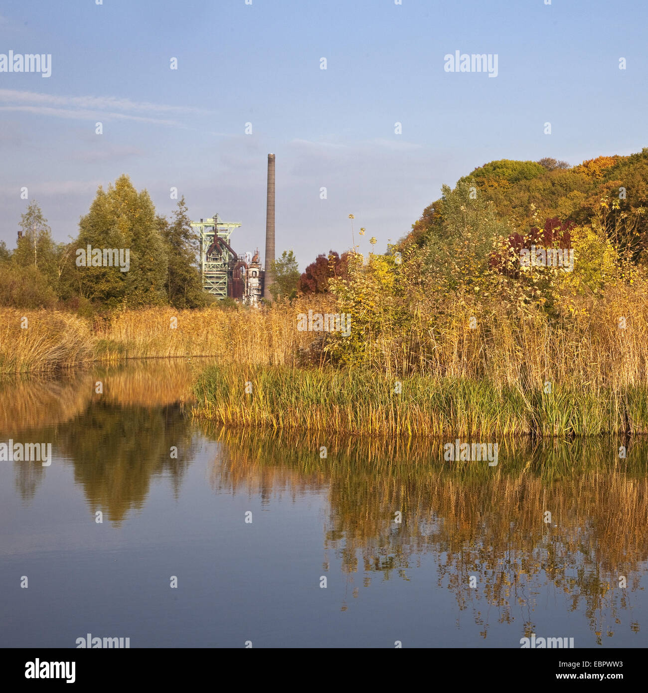 Stagno in un parco, Henrichshuette Ironworks in background, in Germania, in Renania settentrionale-Vestfalia, la zona della Ruhr, Hattingen Foto Stock