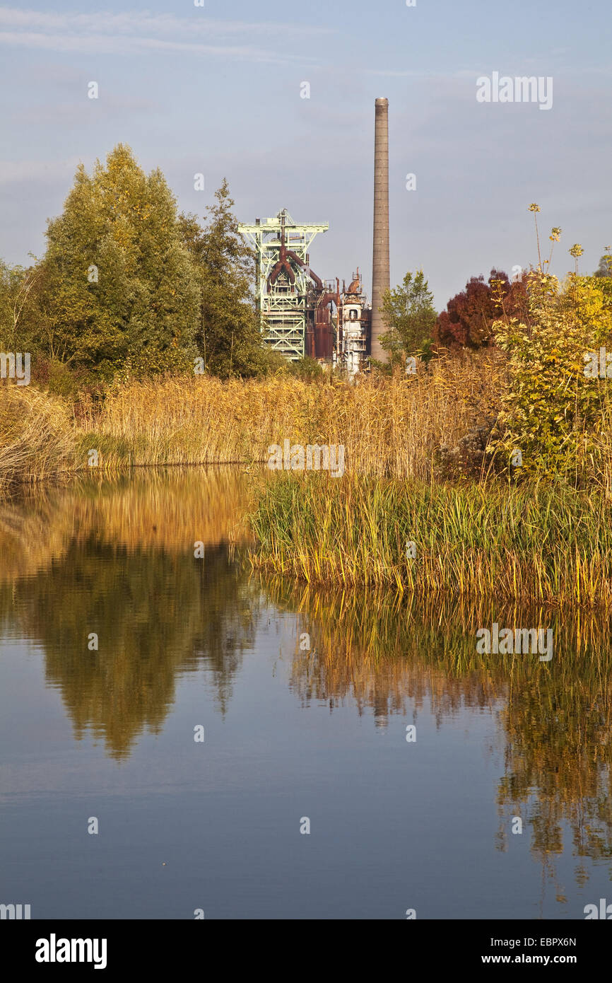 Stagno in un parco, Henrichshuette Ironworks in background, in Germania, in Renania settentrionale-Vestfalia, la zona della Ruhr, Hattingen Foto Stock