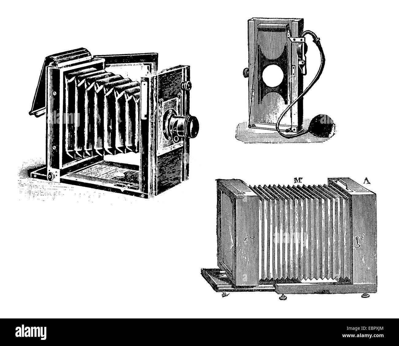 Inizio soffietto fotocamera,bianco e nero incisione Foto Stock