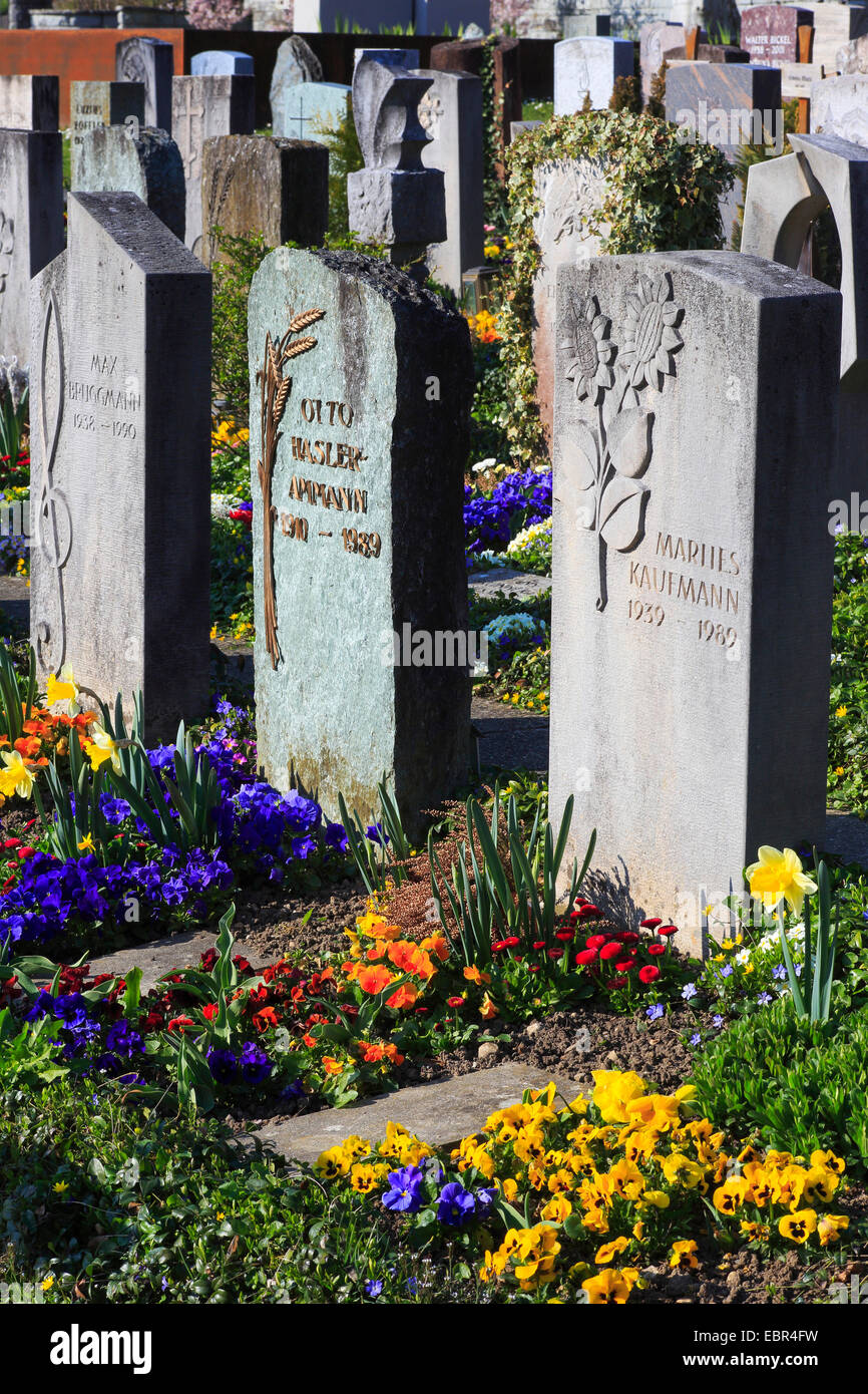 Cimitero con fiori di primavera, Svizzera Foto Stock