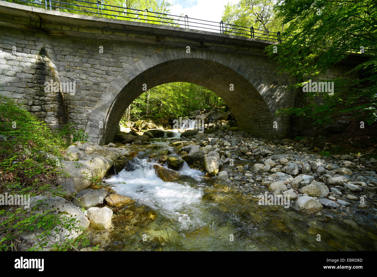 Il ponte di pietra presso Cascades de Anglais, Francia, Corsica, Monte dAEOro Foto Stock