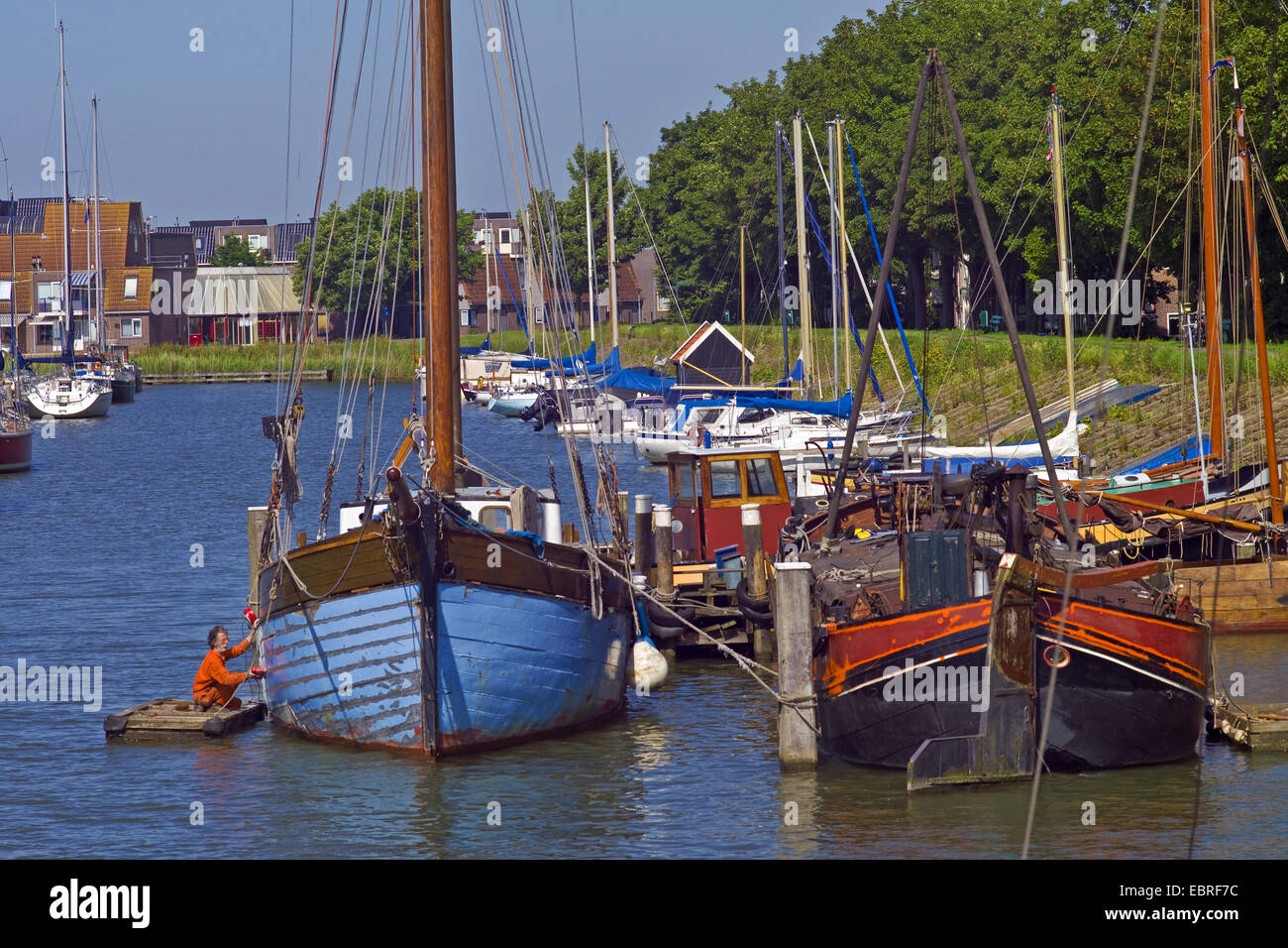 Skipper pittura hist in legno barca a vela nel porto di Hoorn, Paesi Bassi, Noord Holland, Hoorn Foto Stock