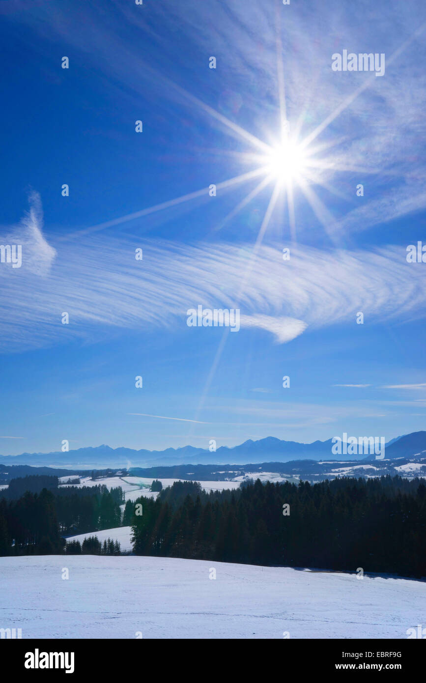 Montagne Karwendel in inverno, vista dal Wildsteig, in Germania, in Baviera, Alta Baviera, Baviera superiore Foto Stock