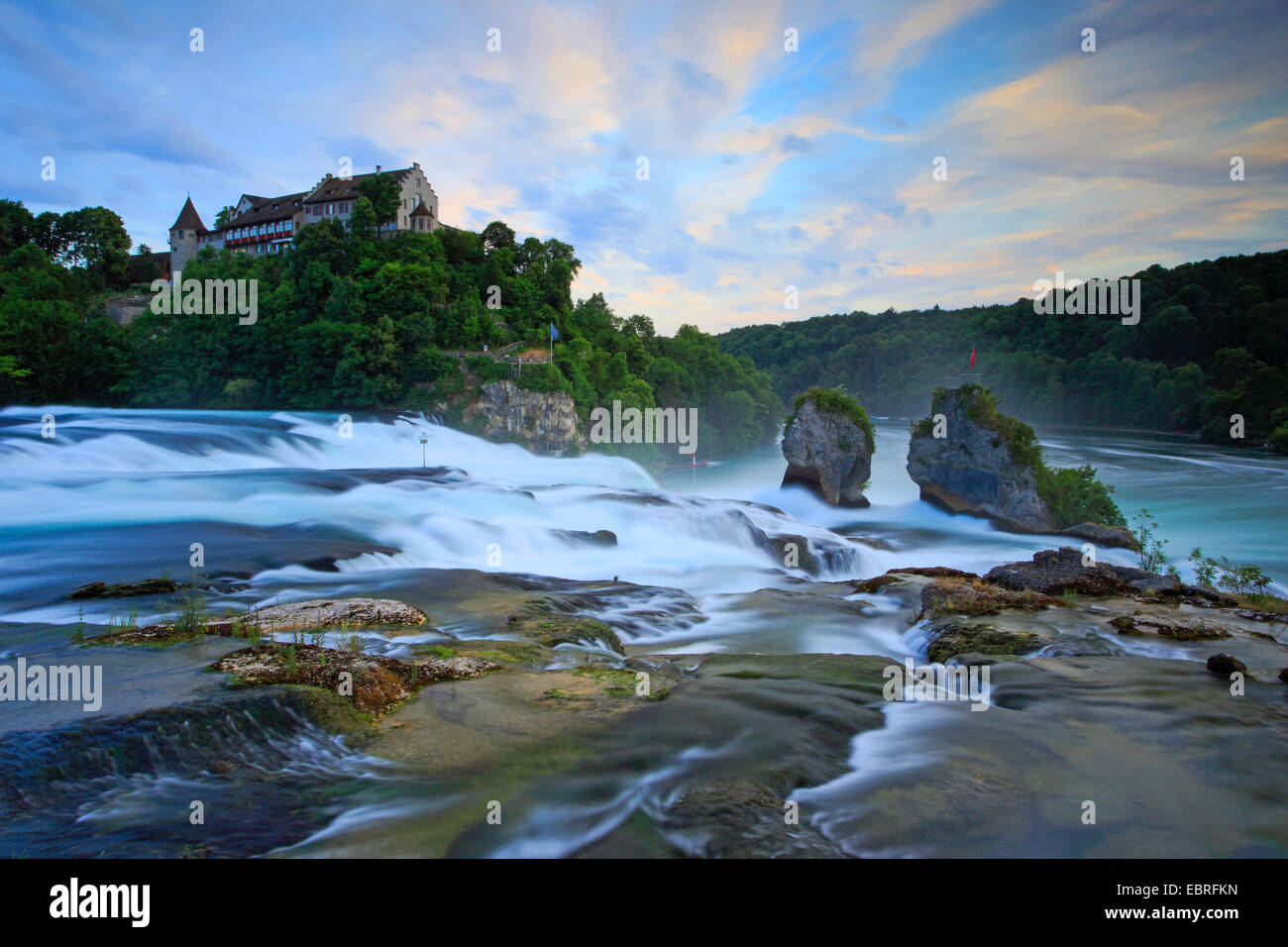 Caduta del Reno vicino a Sciaffusa con Castello Laufen, Svizzera, Sciaffusa Foto Stock