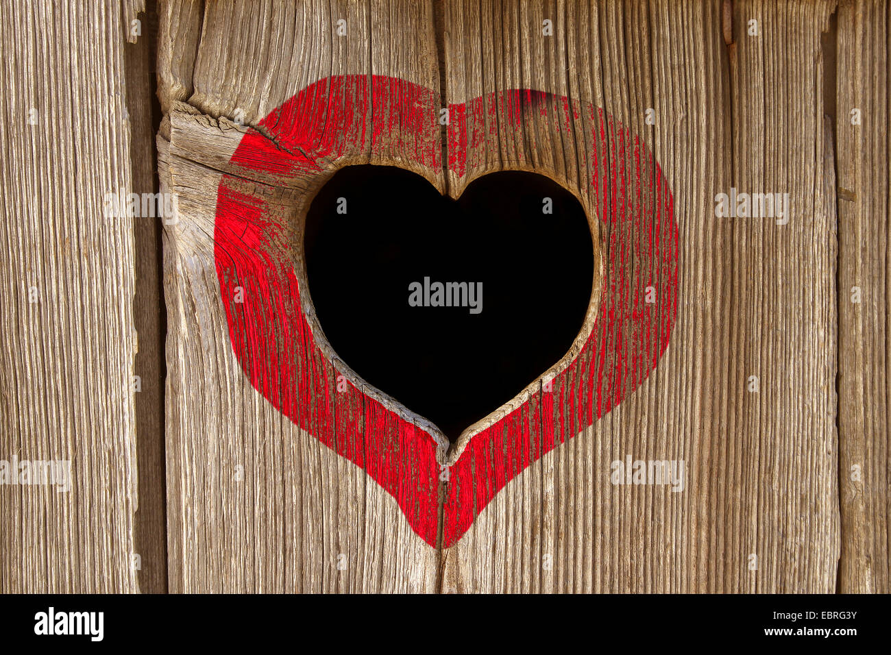 Foro di sfiato a forma di cuore ad una porta di legno di una dipendenza, in Germania, in Baviera, Alta Baviera, Baviera superiore Foto Stock