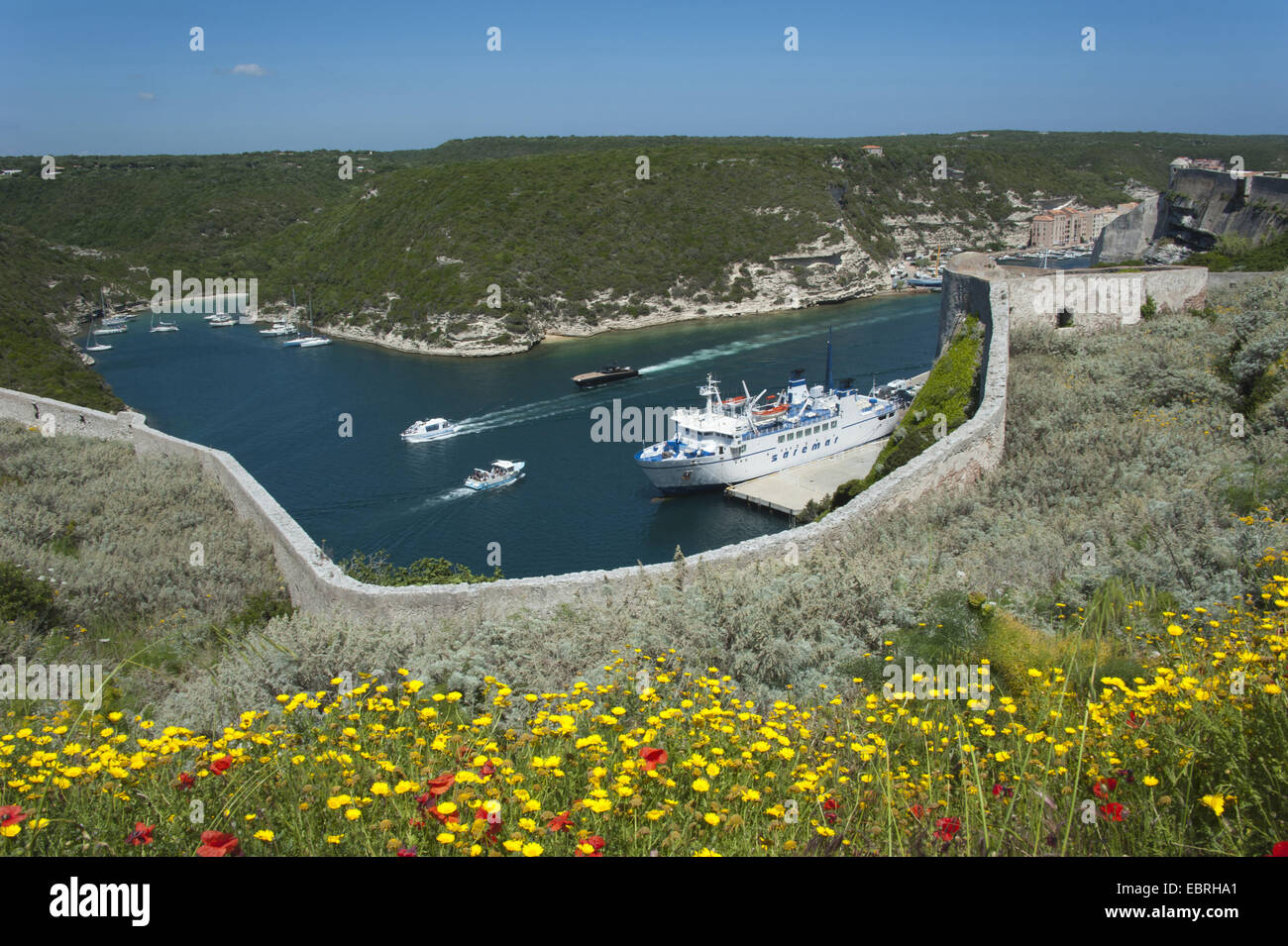 Traghetti e navi in un fiordo, Goulet de Bonifacio, Francia, Corsica, Bonifacio Foto Stock