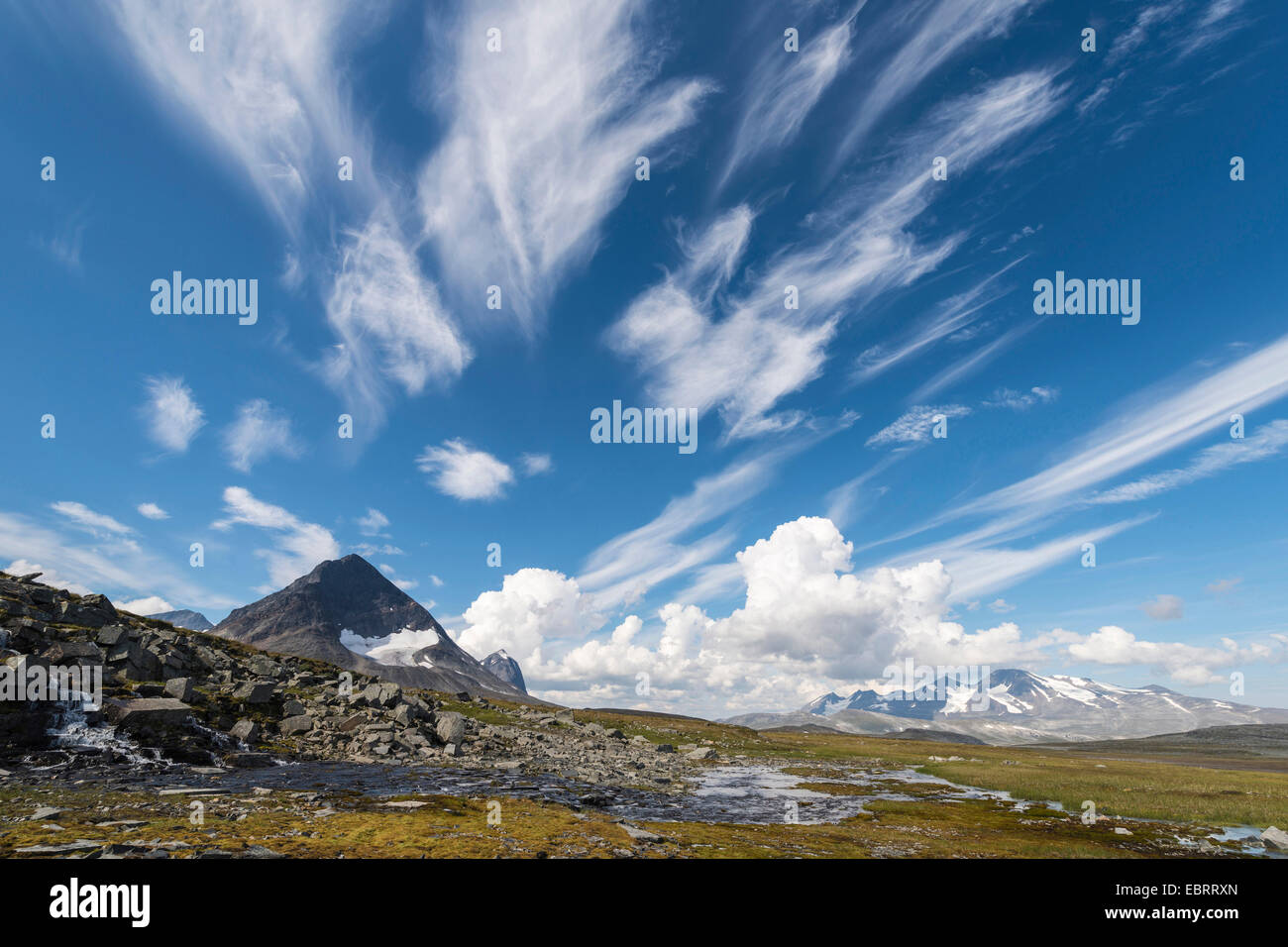 Vista Akka massiccio montuoso, Svezia, la Lapponia Norrbotten, Stora Sjoefallet Parco Nazionale Foto Stock