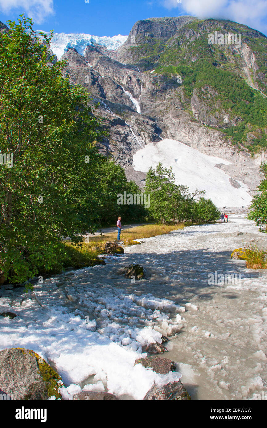 Flusso del ghiacciaio con ghiaccio dal ghiacciaio, Norvegia, Jostedalsbreen National Park, Supphella Foto Stock