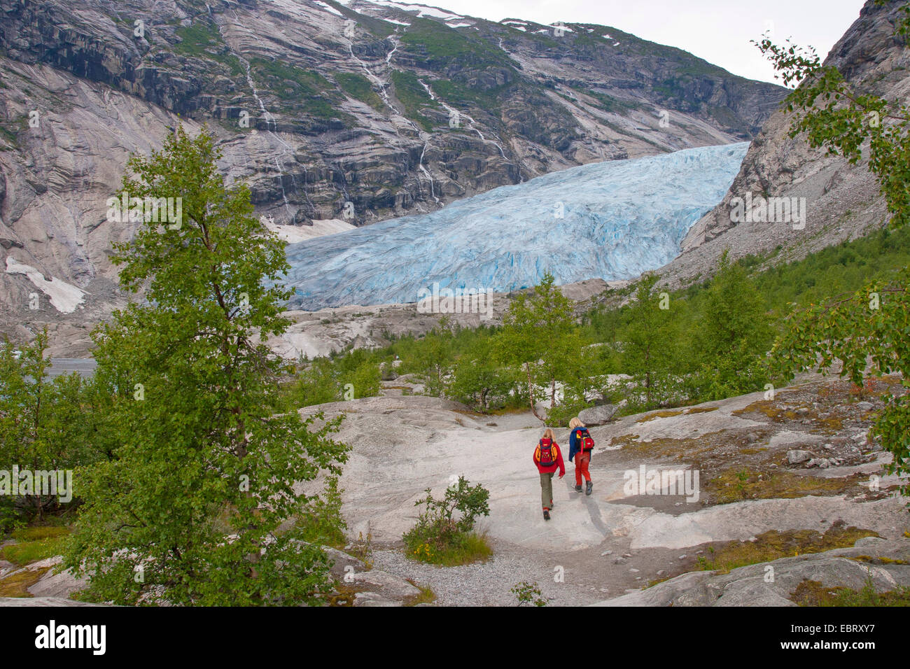 Due bambini erranti al ghiacciaio Nigardsbreen braccio, Norvegia, Jostedalsbreen Parco Nazionale Foto Stock