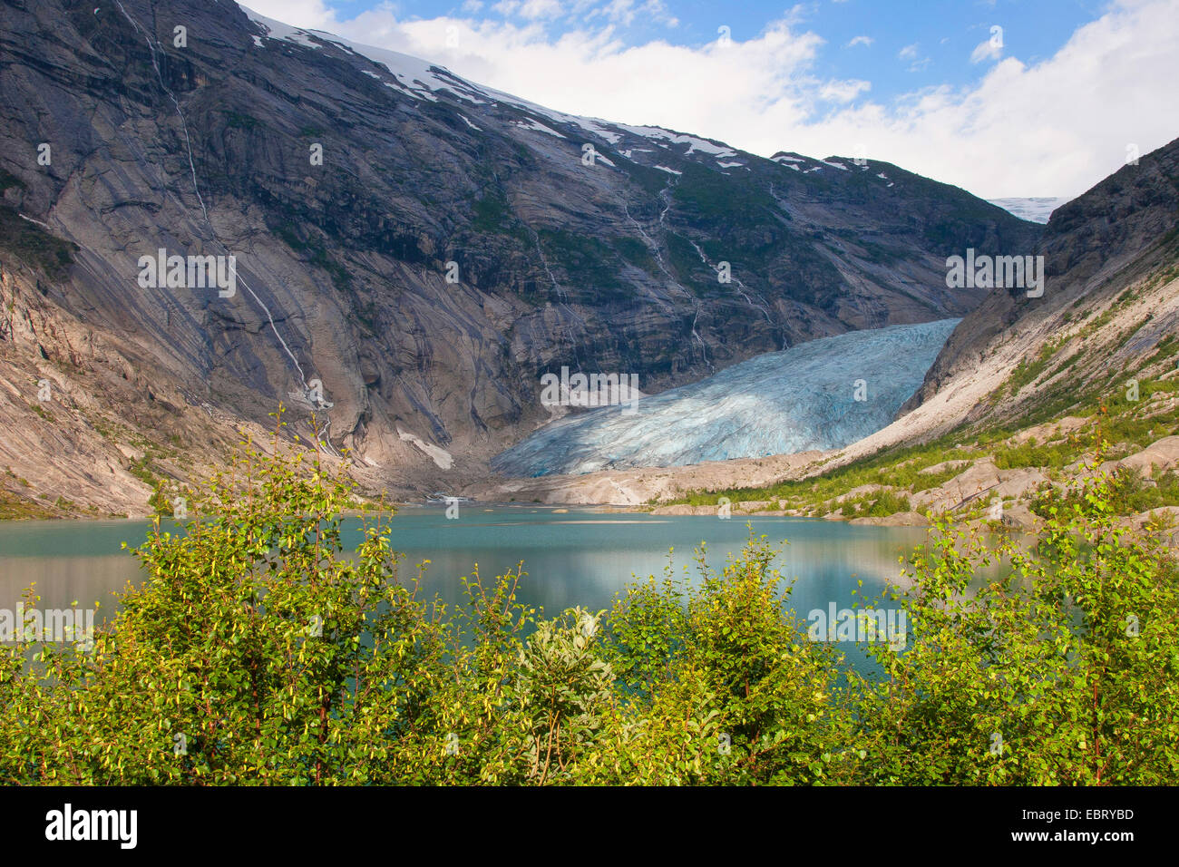 Lingua del ghiacciaio Nigardsbreen e lago glaciale Nigardsbrevatnet, Norvegia, Jostedalsbreen National Park, Jostetal Foto Stock