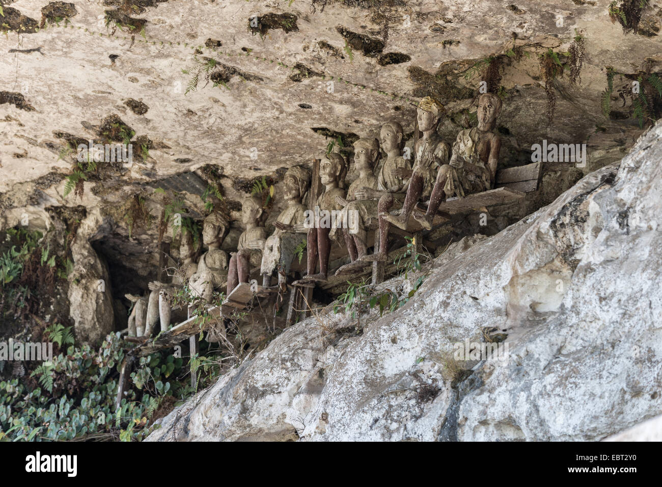 Tradizionale luogo di sepoltura nella Tana Toraja, Sulawesi meridionale, Indonesia. I dettagli delle statue in grotte, immagini di morti (chiamato t Foto Stock