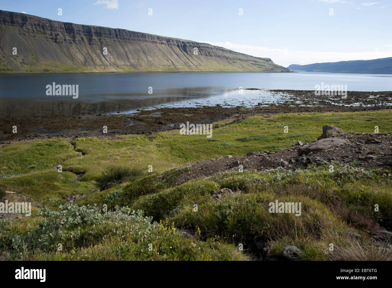 Vista Skalmarfjoerdur, Islanda Foto Stock