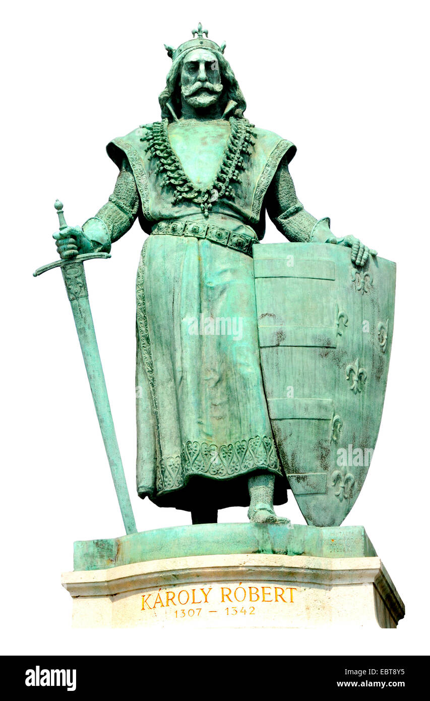 Budapest, Ungheria. Piazza degli Eroi (Hosok ter) Monumento Millenario, Statua di Robert Karoly (re Roberto I di Ungheria; 1307-1342) Foto Stock