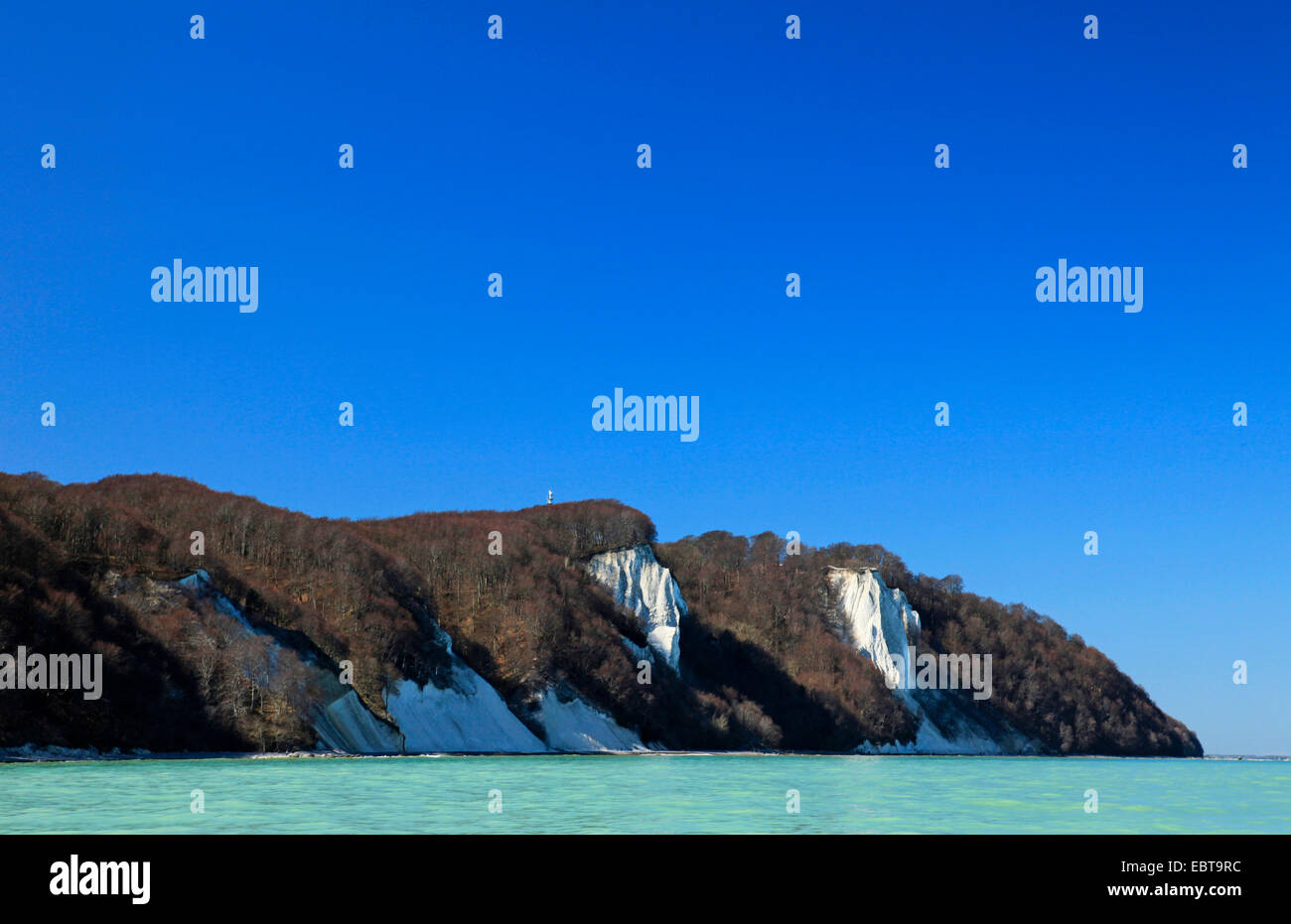 Vista dal mare presso la ripida costa con Koenigsstuhl Stubbenkammer e sotto un cielo blu chiaro in primavera, Germania, Meclemburgo-Pomerania, Jasmund National Park, Ruegen Foto Stock
