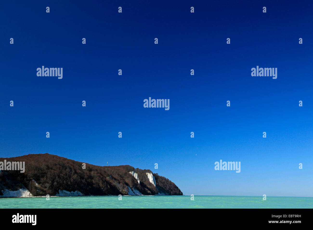 Vista dal mare presso la ripida costa con Koenigsstuhl Stubbenkammer e sotto un cielo blu chiaro in primavera, Germania, Meclemburgo-Pomerania, Jasmund National Park, Ruegen Foto Stock