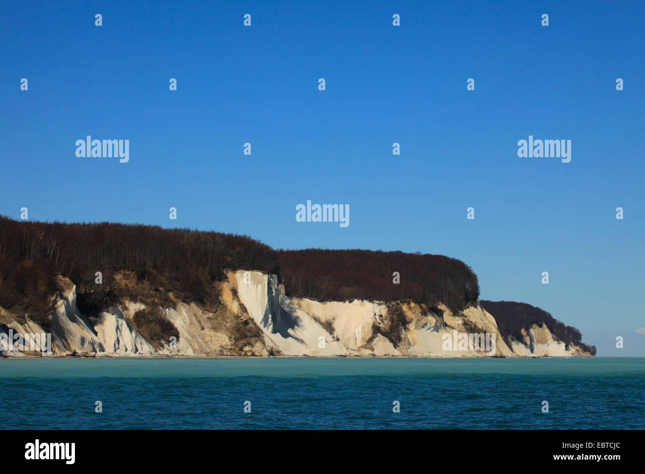 Vista dal mare presso la ripida costa con le famose scogliere di gesso sotto un cielo blu chiaro in primavera, Germania, Meclemburgo-Pomerania, Jasmund National Park, Ruegen Foto Stock