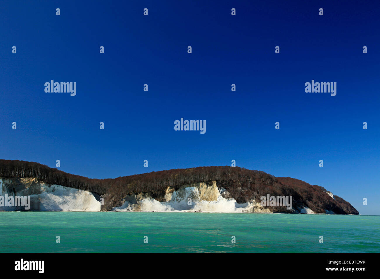 Vista dal mare presso la ripida costa con le famose scogliere di gesso sotto un cielo blu chiaro in primavera, Germania, Meclemburgo-Pomerania, Jasmund National Park, Ruegen Foto Stock