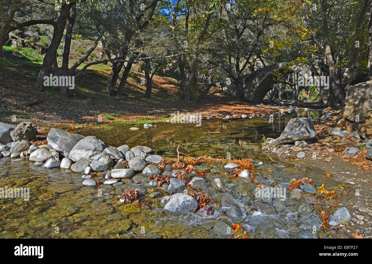 Una vista del Ponte Kelefos in autunno con una diga di massi nel piccolo fiume Foto Stock