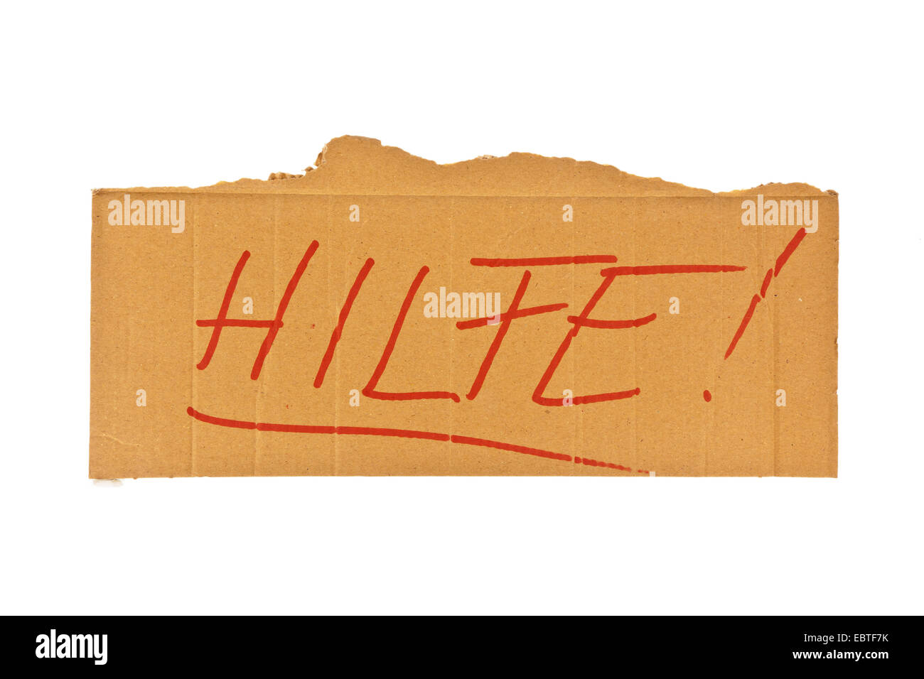 Segno di cartone di una persona senza dimora con la scritta 'Hilfe!" ("Aiuto!") Foto Stock