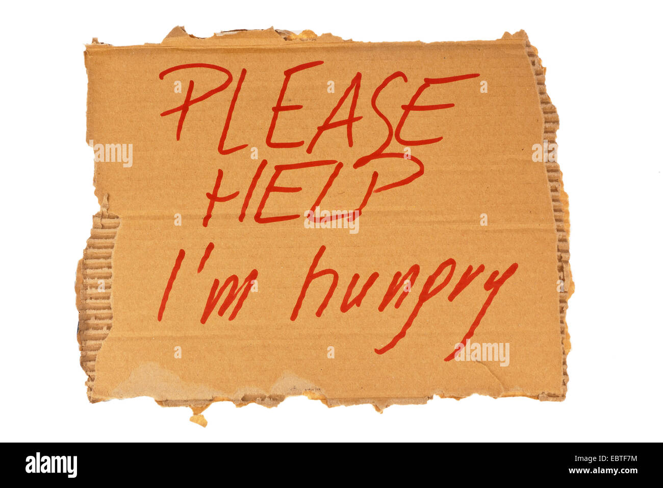 Segno di cartone di una persona senza dimora con la scritta "Please help - ho fame" Foto Stock