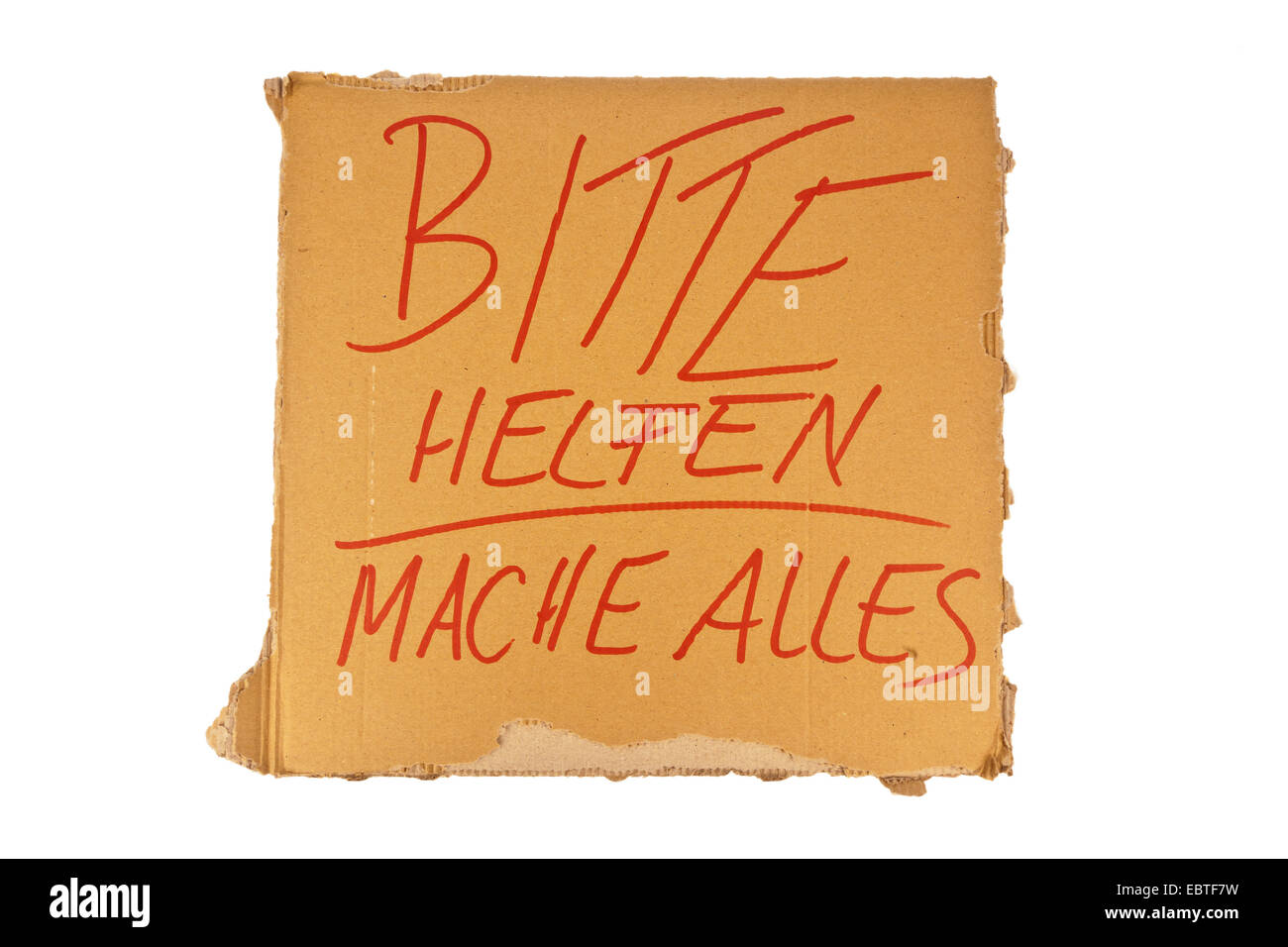 Segno di cartone di un lavoro di ricerca di persona senza dimora con la scritta "Bitte helfen - mache alles" ("Please help - posso fare nulla") Foto Stock