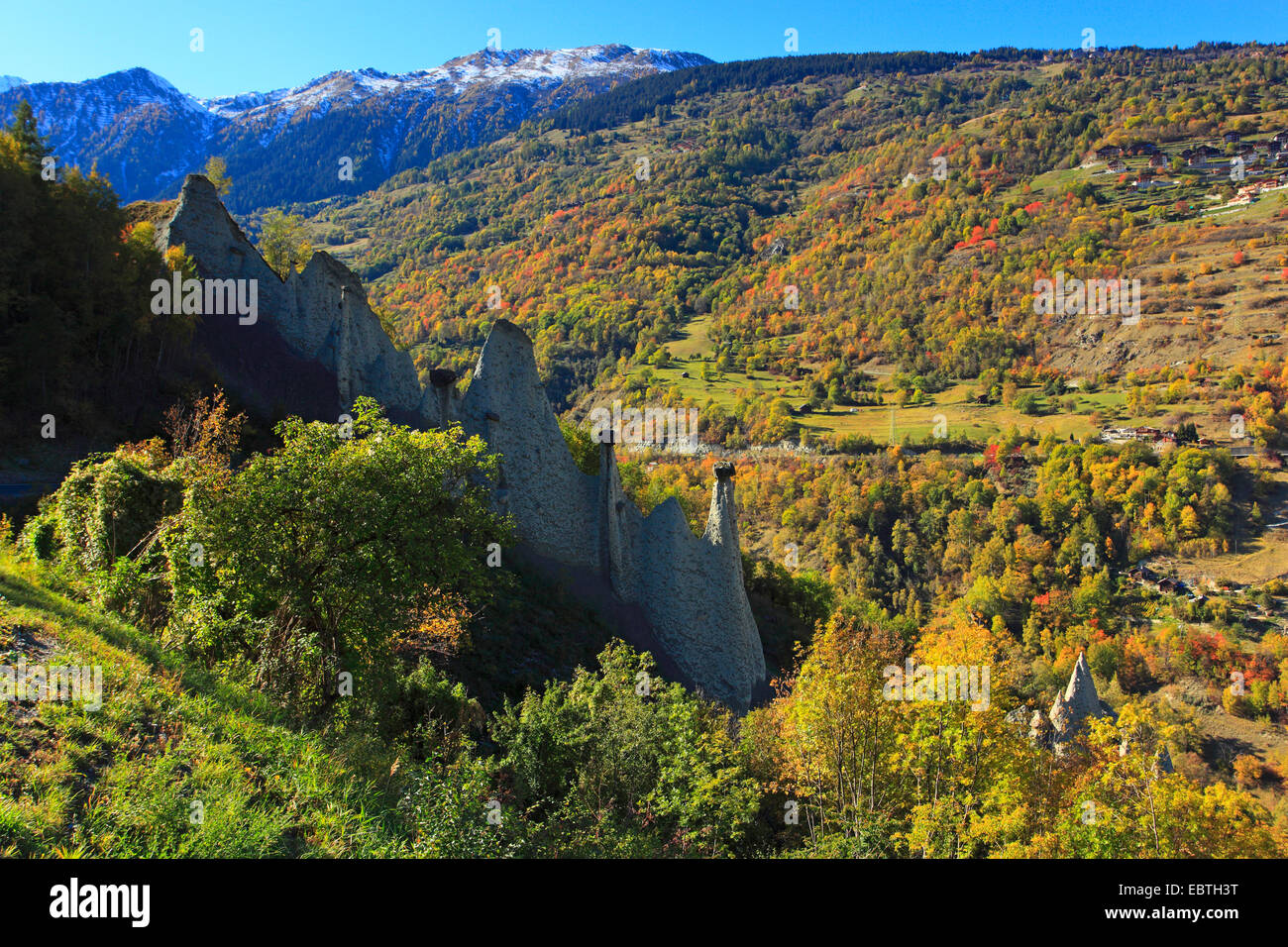 Pyramides di Euseigne nella foresta di autunno, Svizzera Vallese, Ehringer Tal Foto Stock