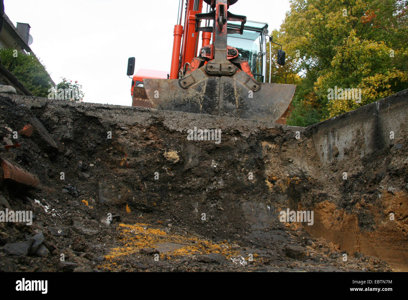 La costruzione di strade e di zona escavatore, in Germania, in Renania settentrionale-Vestfalia Foto Stock