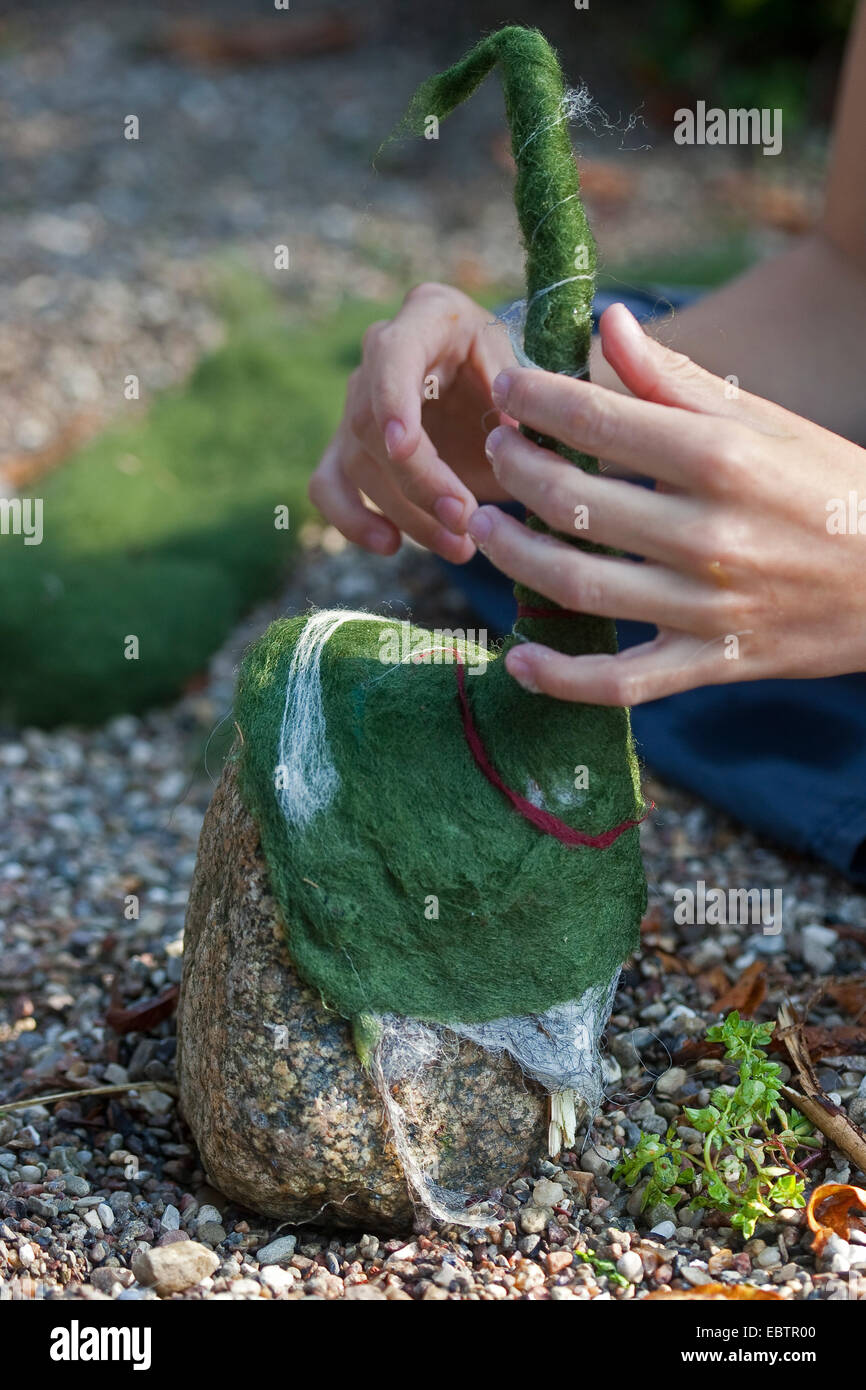 "Feltro stone troll' che serve come giardino decorazione: pietre naturali essendo dotato di cappelli di feltro imbevuto di lana, Germania Foto Stock