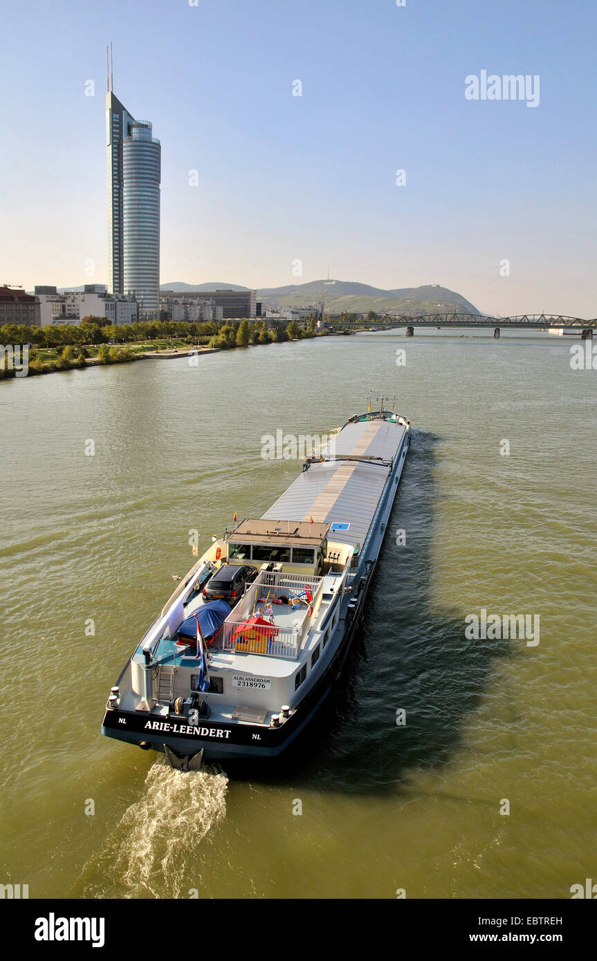 Spingere la barca sul Danubio, Millenium Tower di Vienna in background, Austria, il Danubio, Vienna Foto Stock